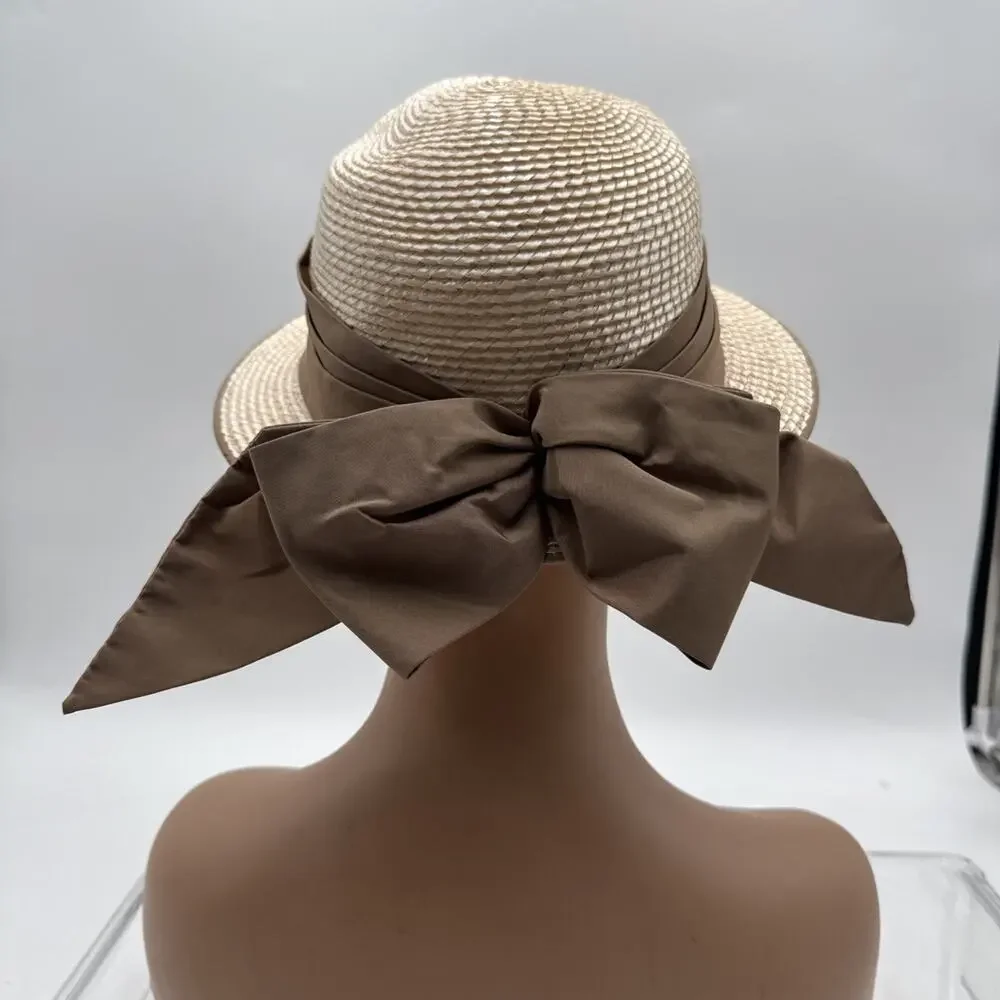 Vintage Sally Victor Headlines Women’s Straw Hat – Brown & Cream with Ribbon Bow